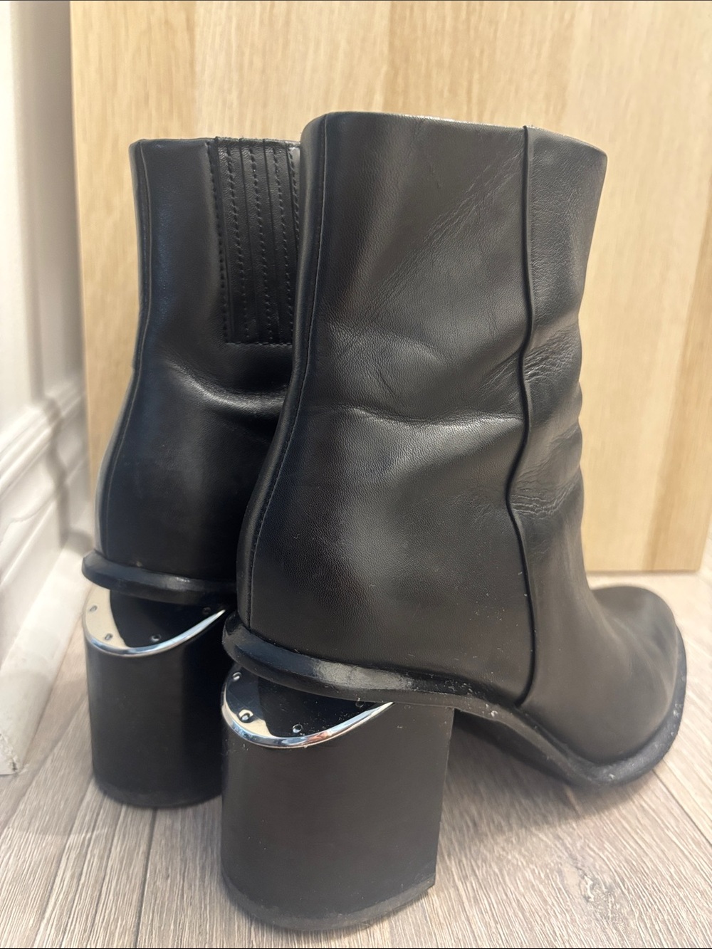 Alexander Wang Black Leather Heel Ankle Boots with Silver Accent